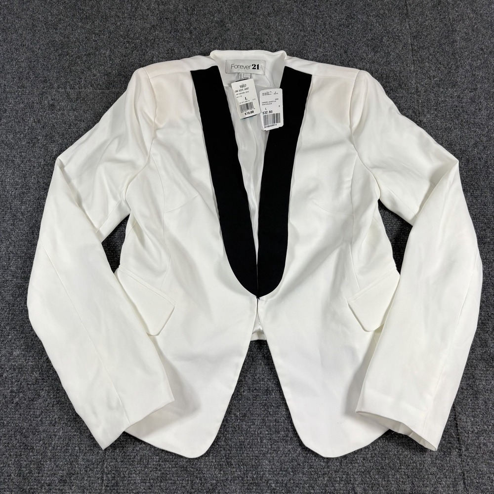Forever‎ 21 Womens Jacket Blazer White Black Hook N Eye Long Sleeve Large